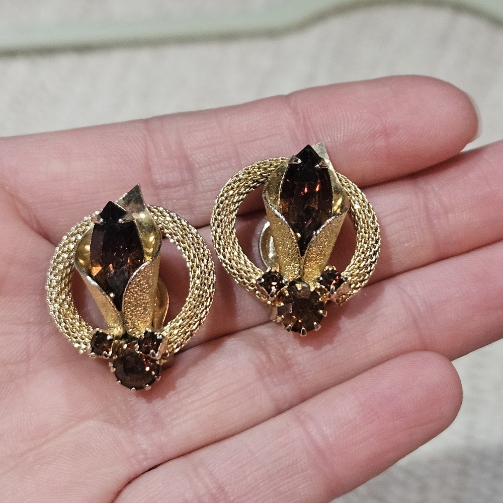 Vintage Amber Stone And Gold Tone Clip On Earrings Art Deco